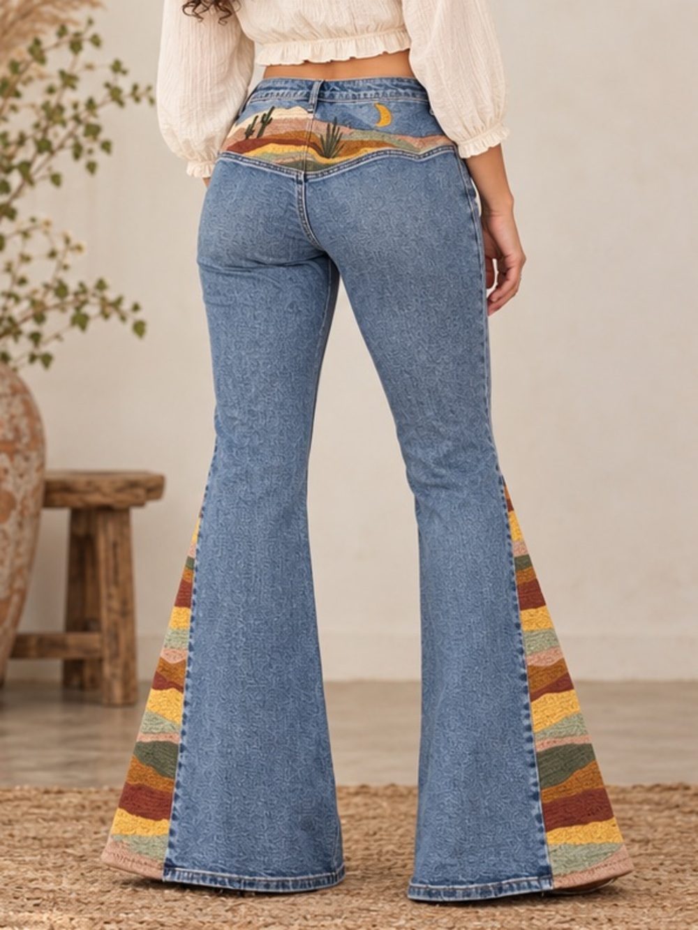 Free People Driftwood Light Blue Flare Boho Hippie 70’s Southwestern Jeans Sz 26